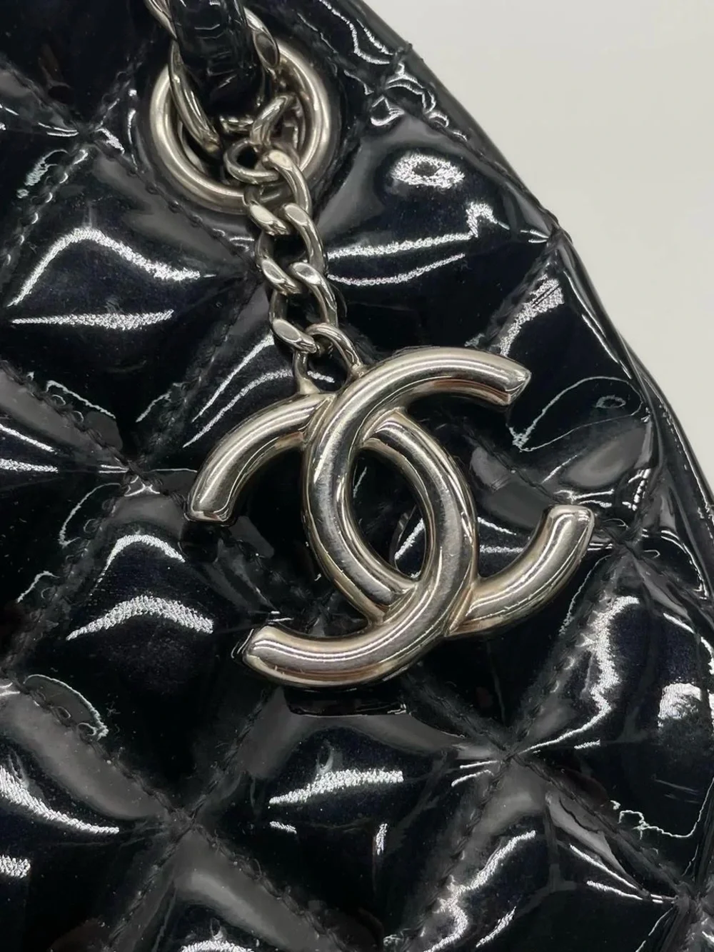 CHANEL Black Quilted Patent Shoulder Bag with Chain and CC Charm